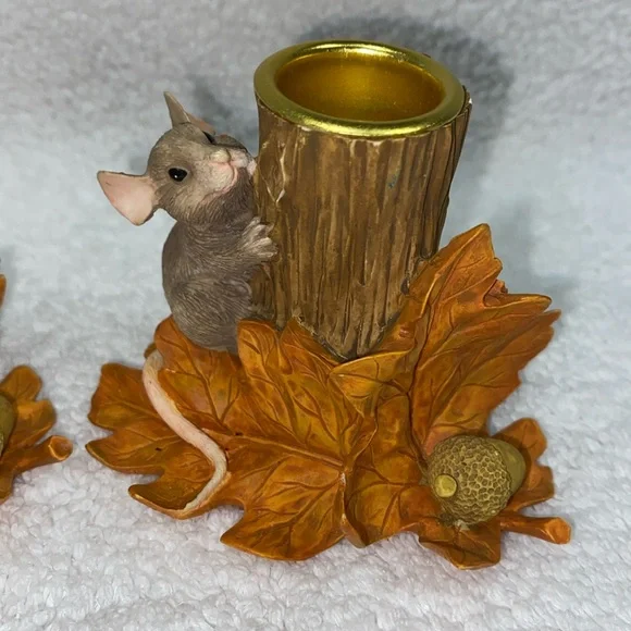 Charming Tails Mouse Candleholders Behind Stump 85/516 Rare